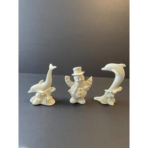 3 Vintage Lenox Dolphin Figurine/Snowman Ivory & 24K Gold Trim Fine China 4"